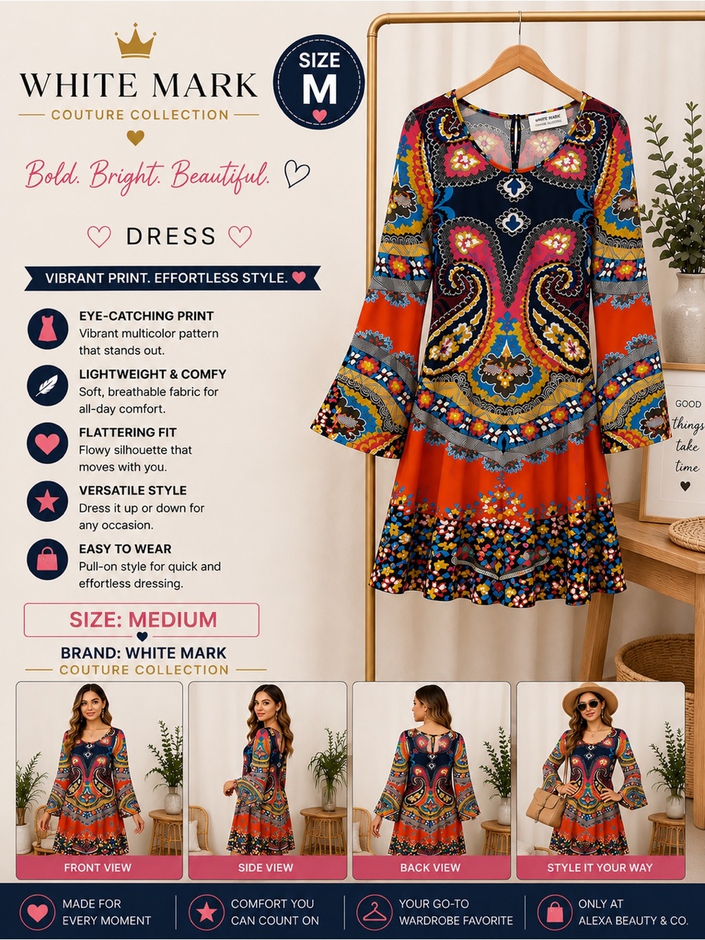 White Mark Multicolor Paisley Bell-Sleeve Dress - Orange, Blue, Black